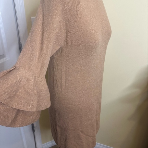 Anthropologie Claudette Ruffle Sleeve Sweater Dress tan with gold fleck - Picture 8 of 10
